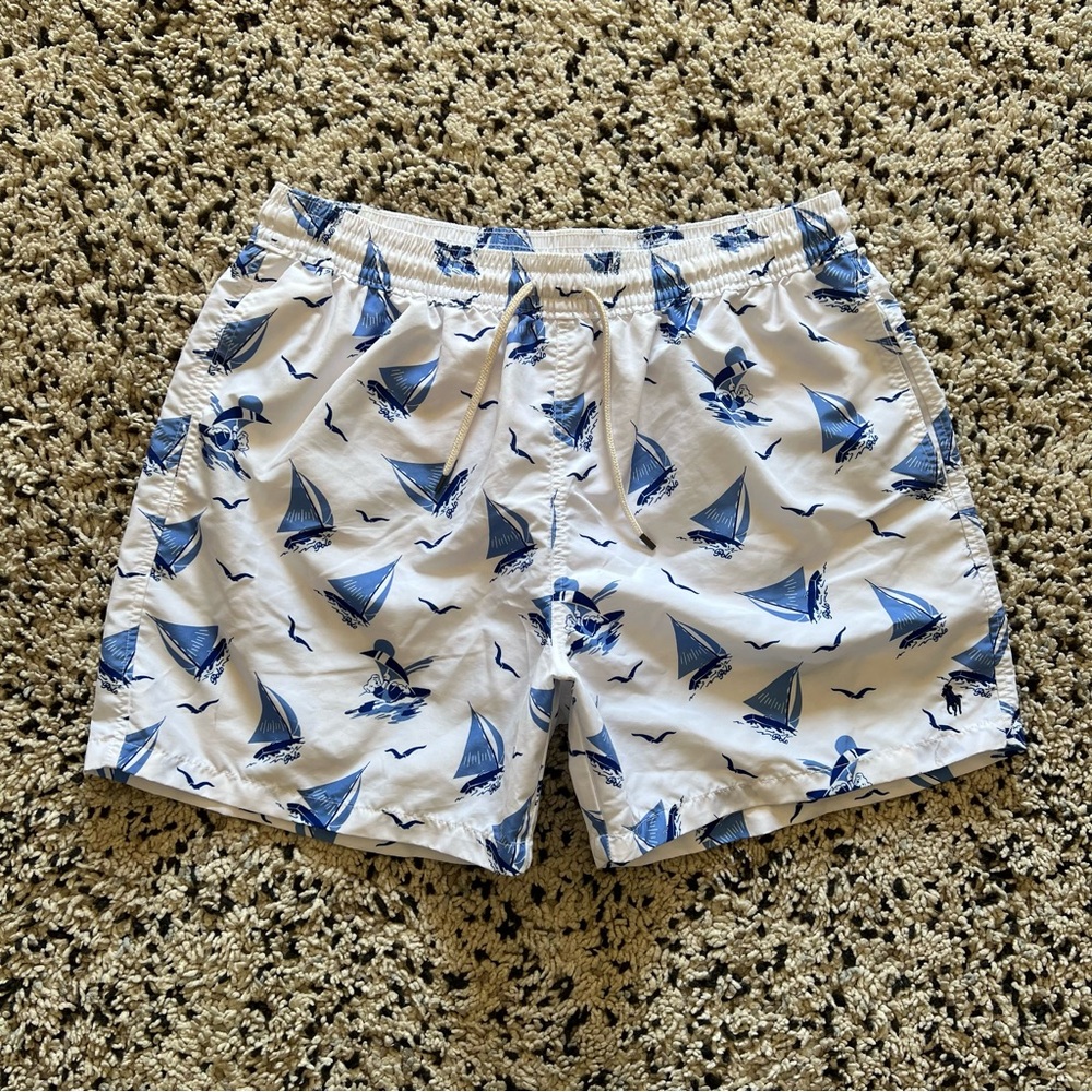 Polo by Ralph Lauren White Swim Trunks with Blue Sailboat Print